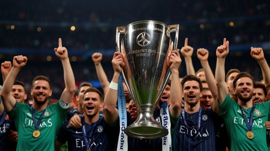 Packed football stadium with fans waving flags and teams lining up for a Champions League semifinal match