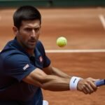 Novak Djokovic hits a powerful forehand during his French Open 2025 match against Mackenzie McDonald on the clay courts of Roland Garros.