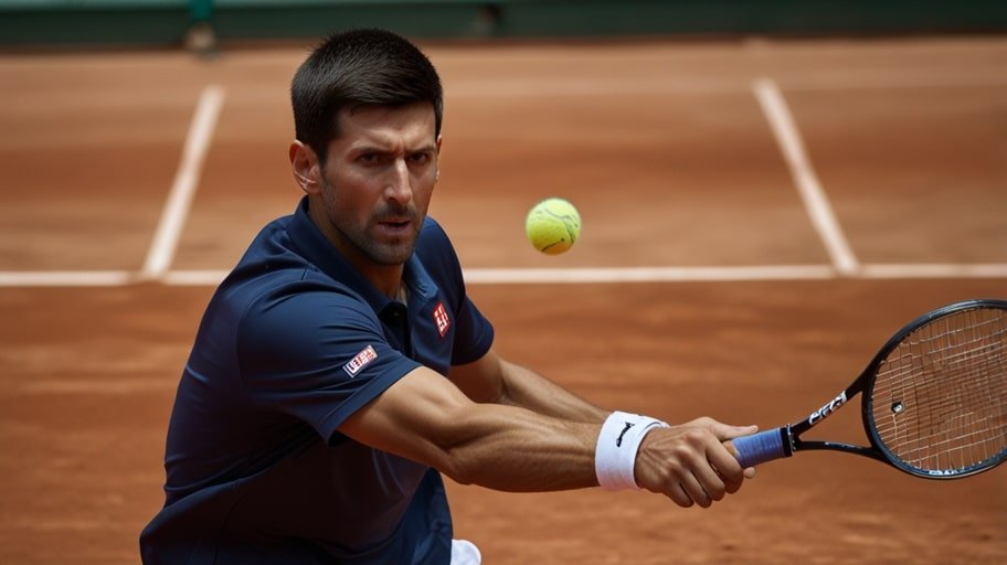 Novak Djokovic hits a powerful forehand during his French Open 2025 match against Mackenzie McDonald on the clay courts of Roland Garros.