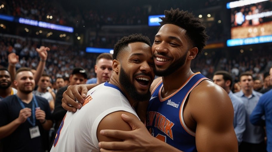 New York Knicks players embrace in celebration on the court after a dramatic comeback win against the Indiana Pacers in Game 4 of the NBA Eastern Conference Finals.