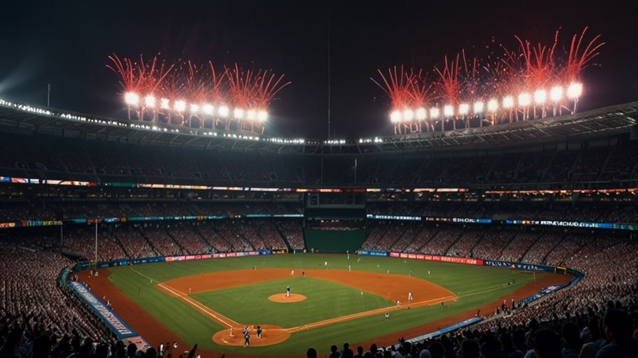 A vibrant Tokyo stadium filled with cheering fans under bright lights, capturing the excitement of a baseball game.