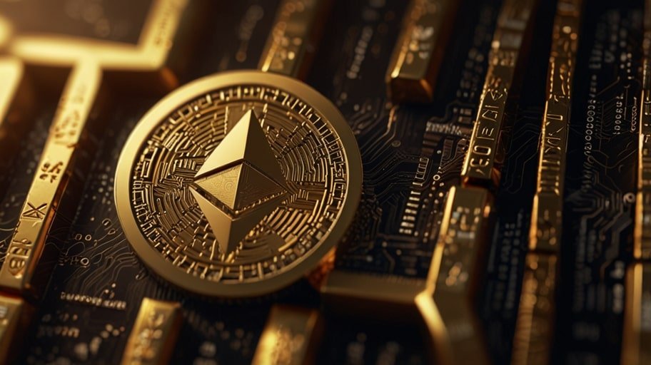 A digital illustration of the PAX Gold (PAXG) cryptocurrency coin, featuring a gold-colored coin with the PAXG logo and gold bar motifs against a dark blockchain-themed background.