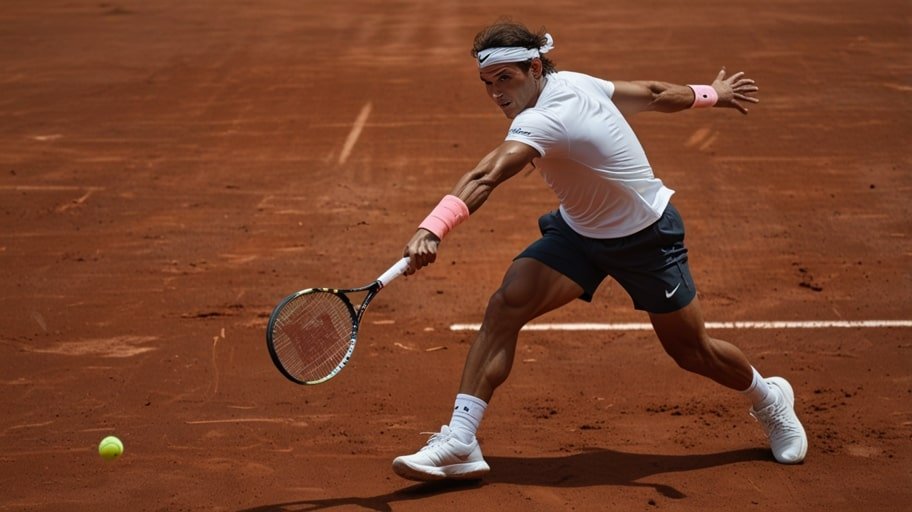 Rafael Nadal unleashes a powerful topspin forehand during his emotional first-round match at the French Open 2025 on the clay courts of Roland Garros.