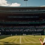 A tennis player in a white outfit serves powerfully on Wimbledon's Centre Court, with a packed crowd in the background under a clear blue sky.