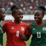 Kenya’s Harambee Starlets players rejoice after scoring against Uganda in the 2025 CECAFA Senior Women’s Championship in Dar es Salaam.