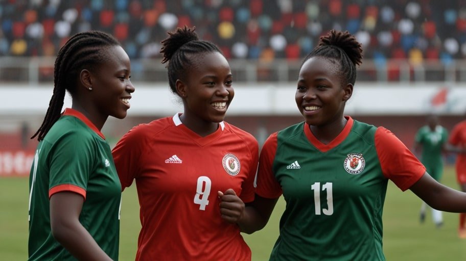 Kenya’s Harambee Starlets players rejoice after scoring against Uganda in the 2025 CECAFA Senior Women’s Championship in Dar es Salaam.