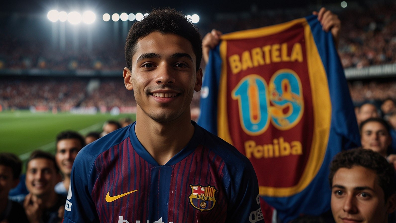 Lamine Yamal stands at Camp Nou, holding a Barcelona jersey with the number 10, surrounded by cheering fans under bright stadium lights.