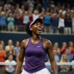 Venus Williams raises her racket in triumph on the court at the 2025 Citi DC Open in Washington, D.C., celebrating her second-round victory at age 45.