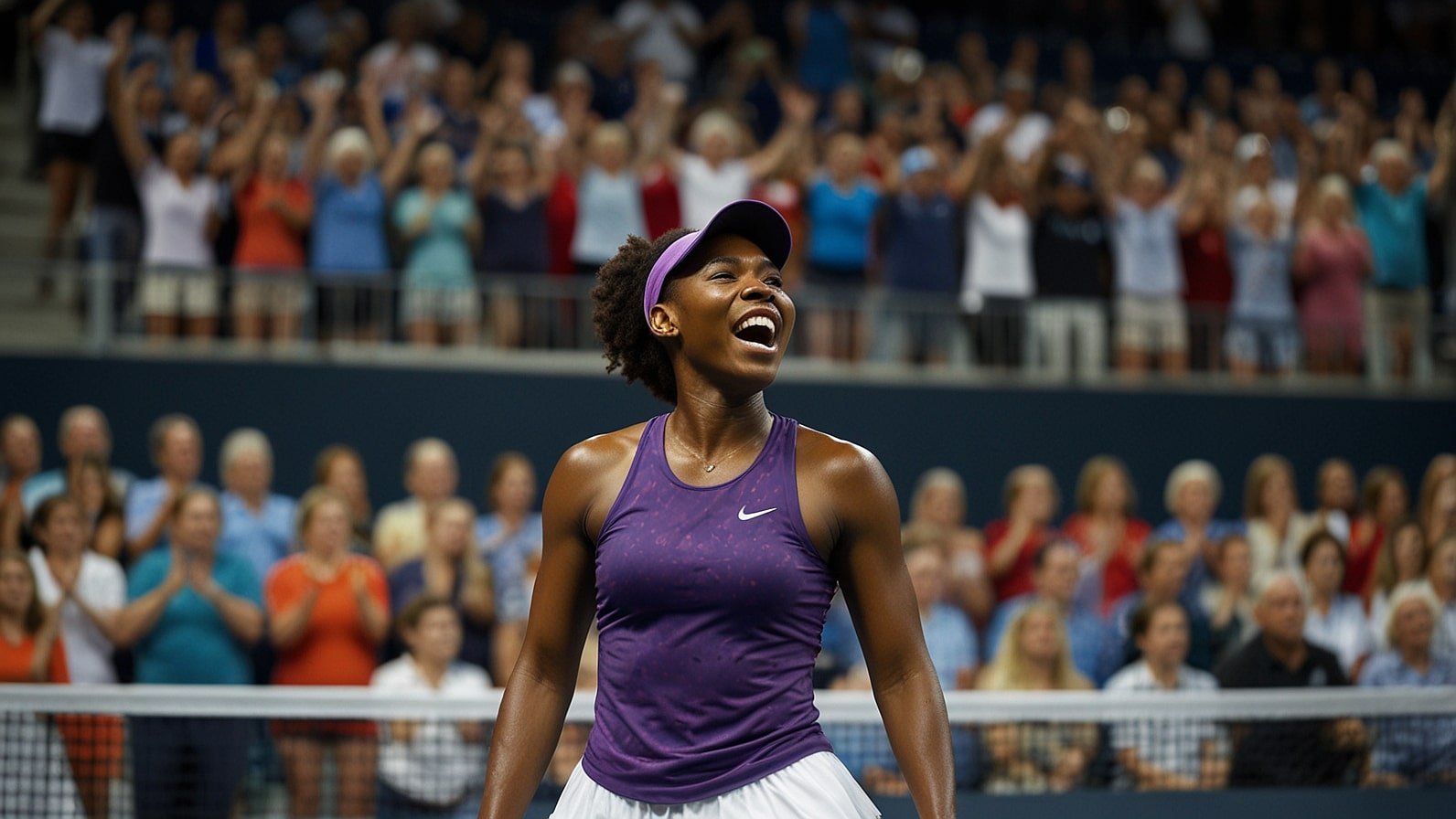 Venus Williams raises her racket in triumph on the court at the 2025 Citi DC Open in Washington, D.C., celebrating her second-round victory at age 45.