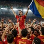 Spanish football players celebrate on the pitch in Zurich, Switzerland, after a dramatic 2-1 win over Germany in the UEFA Euro 2025 semifinal, July 2025.