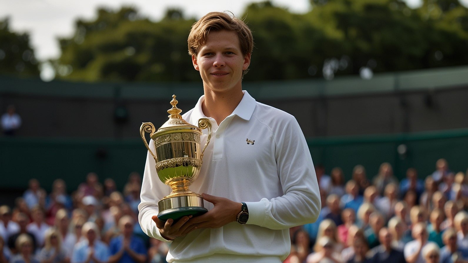 Jannik Sinner holds the Wimbledon men’s singles trophy aloft on Centre Court, surrounded by a cheering crowd, with sunlight illuminating the grass court.