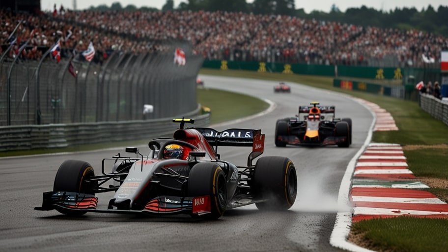 A Formula 1 car speeds through the Maggotts-Becketts complex at Silverstone Circuit during the 2025 British Grand Prix, with a blurred crowd in the background.