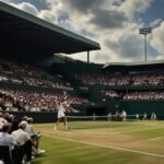 A tennis player in action, serving powerfully on Centre Court at Wimbledon, with a packed crowd in the background under a cloudy sky.