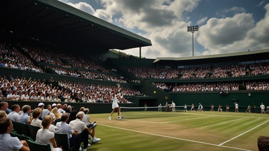 A tennis player in action, serving powerfully on Centre Court at Wimbledon, with a packed crowd in the background under a cloudy sky.