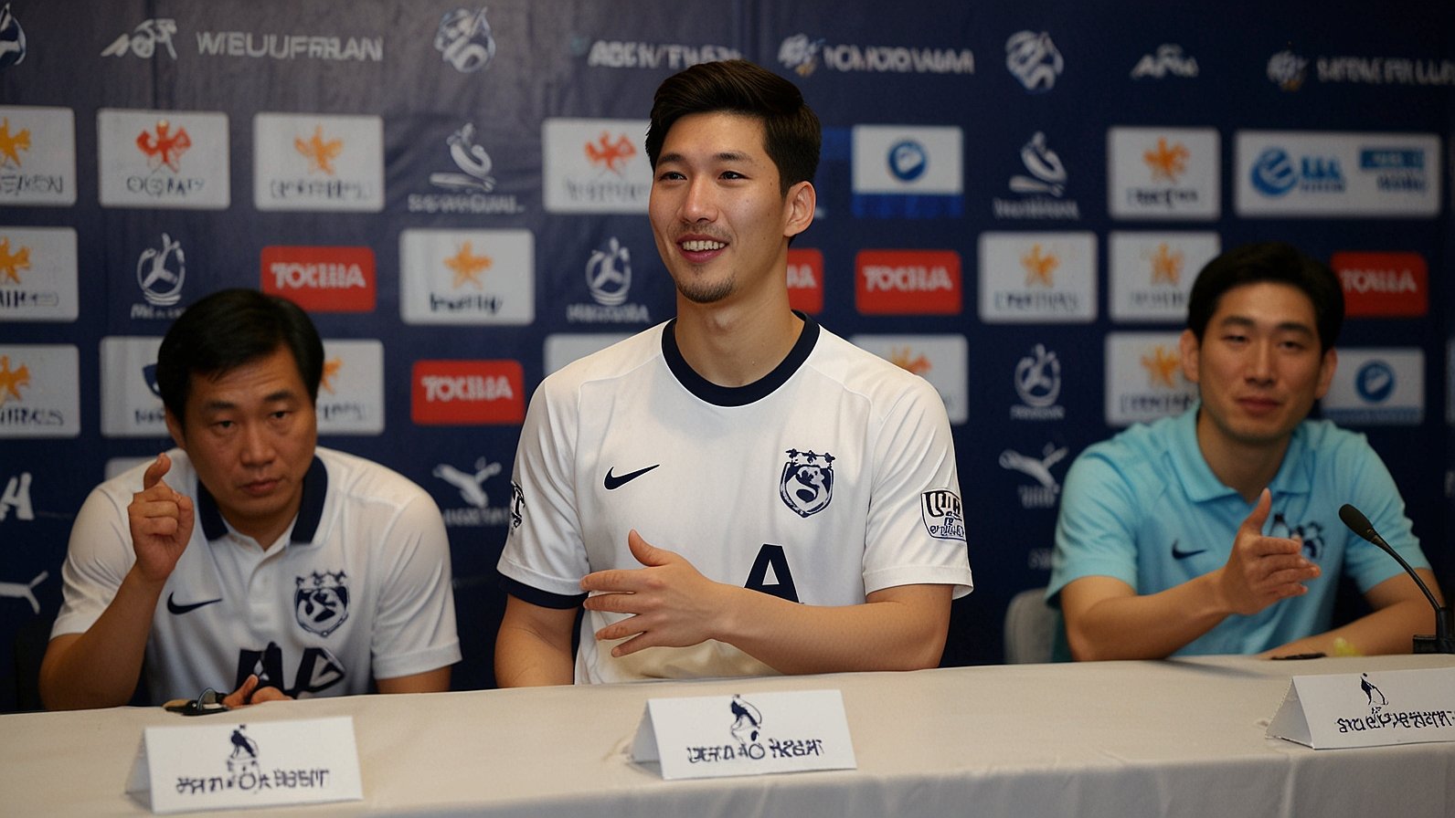 Heung-Min Son, wearing a Tottenham Hotspur jersey, waves to fans during a press conference in Seoul, with manager Thomas Frank seated beside him.