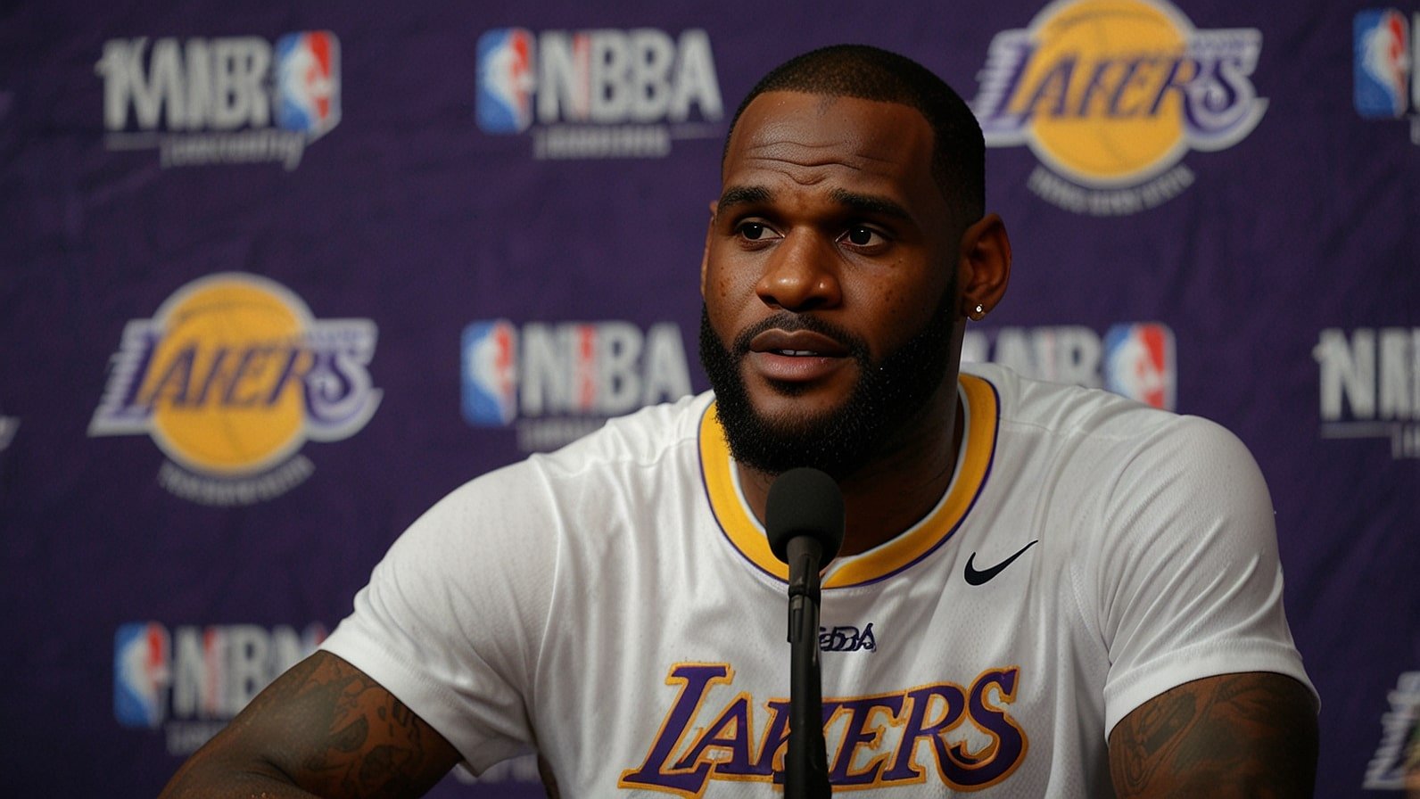 LeBron James, in a Los Angeles Lakers jersey, speaks at a press conference announcing his 2025-26 NBA season retirement tour, with a microphone and emotional expression.