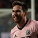 Lionel Messi celebrating after scoring the winning goal for Inter Miami against Los Angeles Galaxy in Major League Soccer match