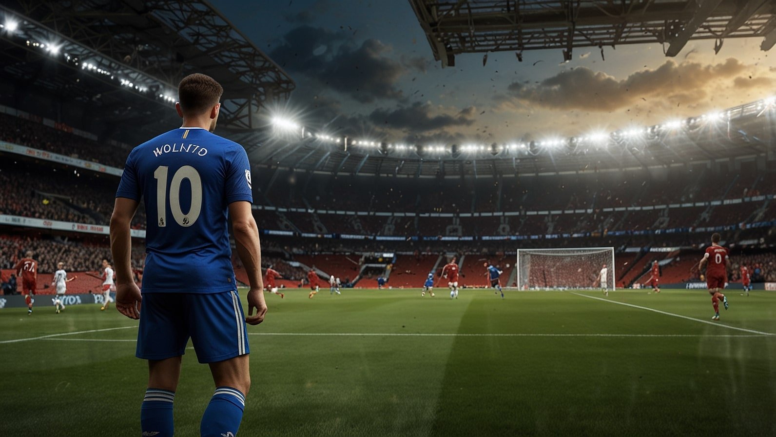 Dynamic action shot of a football player in a Premier League match, showcasing the intensity of the 2025 transfer season with a packed stadium in the background.