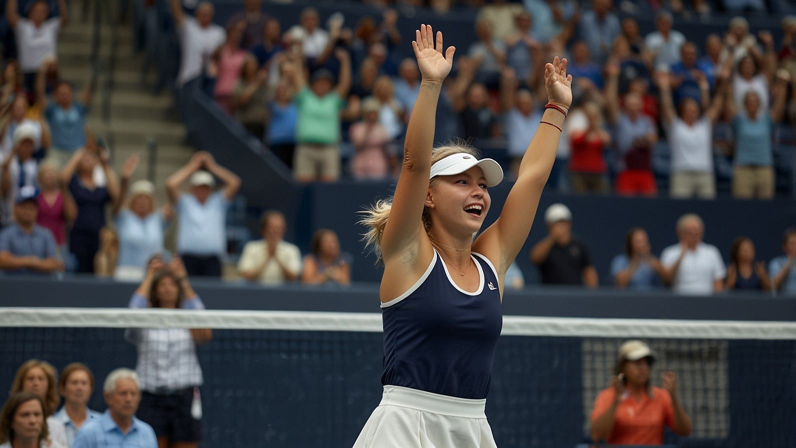Amanda Anisimova raises her arms in triumph after defeating Naomi Osaka in a thrilling three-set match at the 2025 US Open semifinals in Arthur Ashe Stadium.