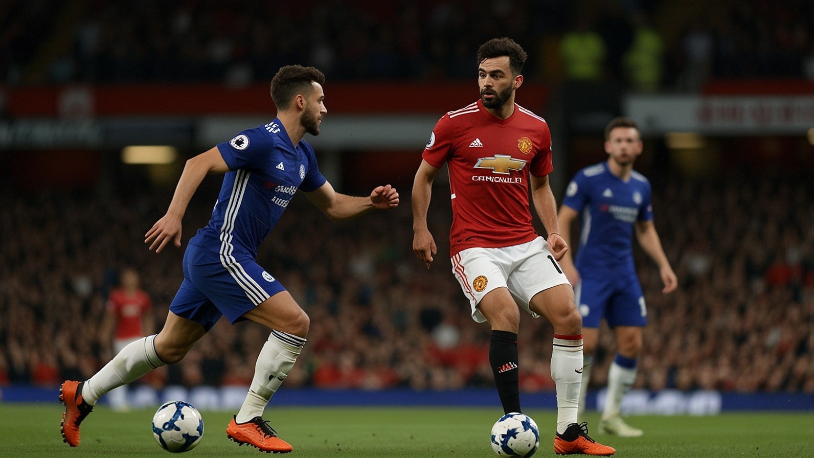 Bruno Fernandes of Manchester United and Cole Palmer of Chelsea clash in a tense midfield duel during the Premier League match at Old Trafford, with a packed stadium roaring under floodlights on September 20, 2025.