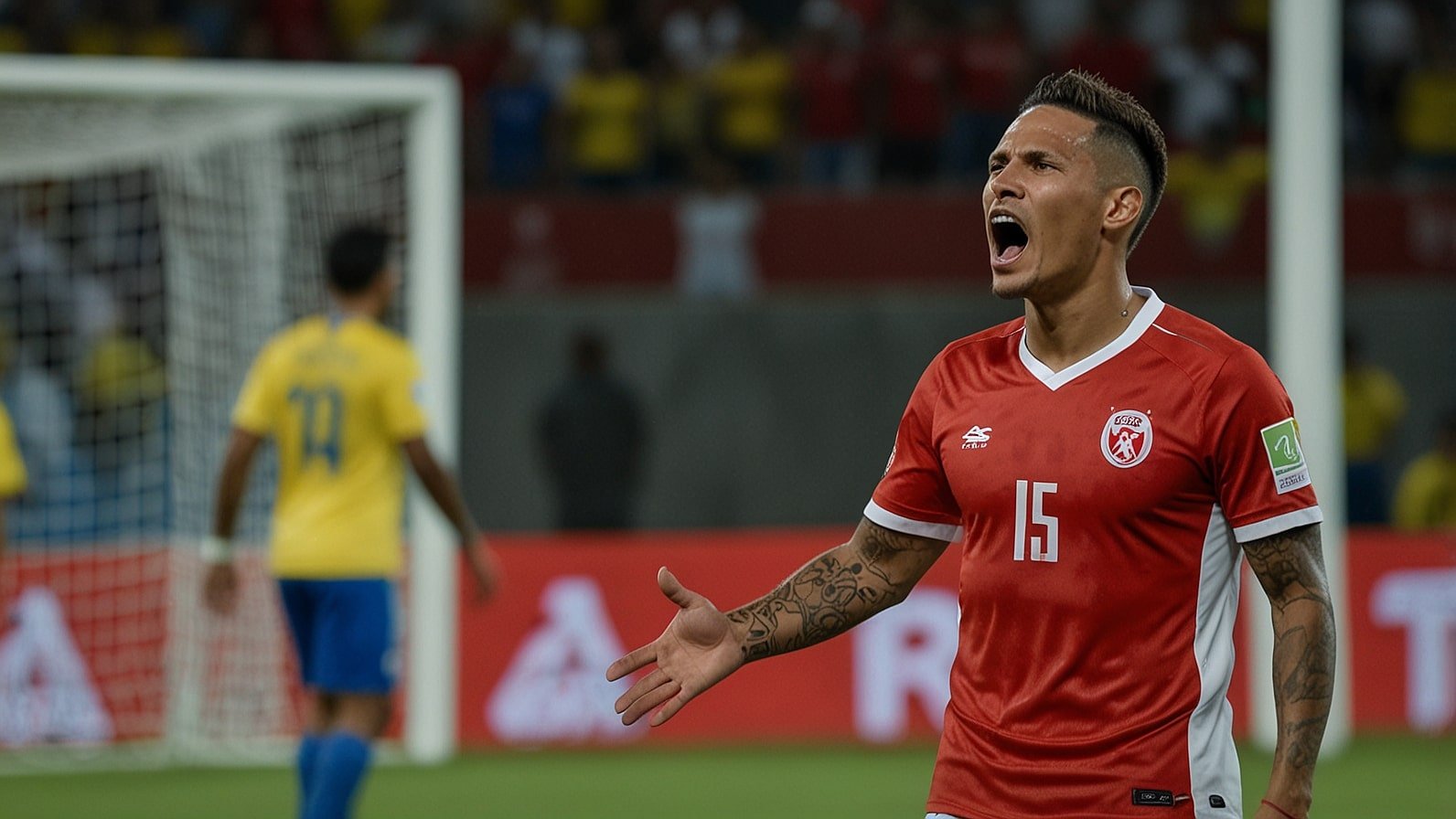 Peru's Paolo Guerrero reacts in frustration after missing a key opportunity during the goalless draw against Ecuador in the 2026 FIFA World Cup CONMEBOL qualifier at Estadio Nacional, Lima, on September 21, 2025.