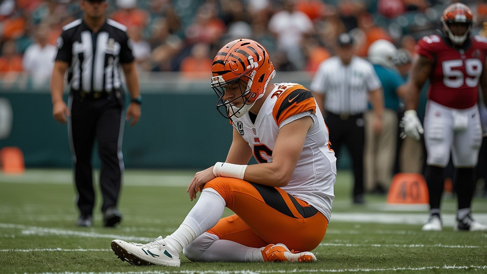 Joe Burrow, Cincinnati Bengals quarterback, limps off the field with a walking boot after a turf toe injury during the Week 2 game against the Jacksonville Jaguars in 2025.