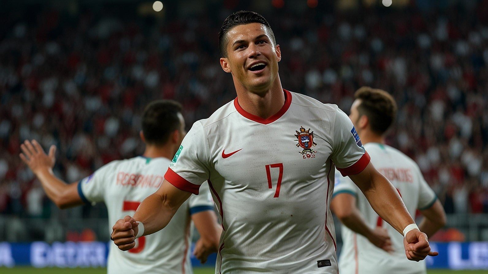 Cristiano Ronaldo celebrates scoring the decisive goal for Portugal against France in the UEFA Nations League semi-final at Stuttgart's MHPArena, with Portuguese players in white and red kits embracing under floodlights.