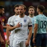 England captain Harry Kane directs teammates during the World Cup 2026 qualifier match against Andorra at Villa Park, with players in white kits dominating possession against a packed Andorran defense.