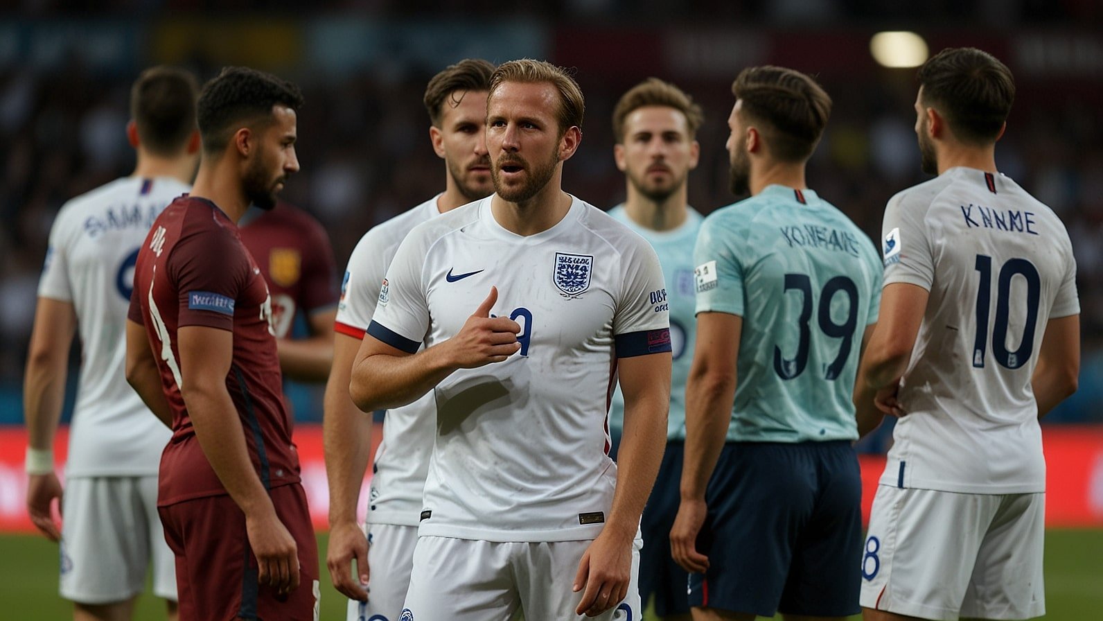 England captain Harry Kane directs teammates during the World Cup 2026 qualifier match against Andorra at Villa Park, with players in white kits dominating possession against a packed Andorran defense.