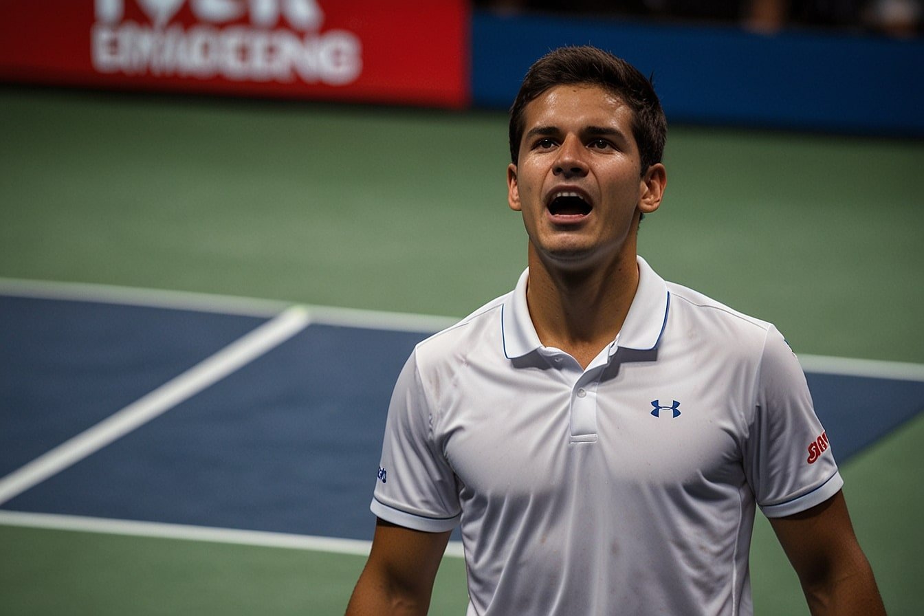 Carlos Alcaraz raises his racket in triumph after defeating Jannik Sinner in a thrilling tiebreak battle at the 2025 Laver Cup in San Francisco, securing a crucial point for Team Europe.