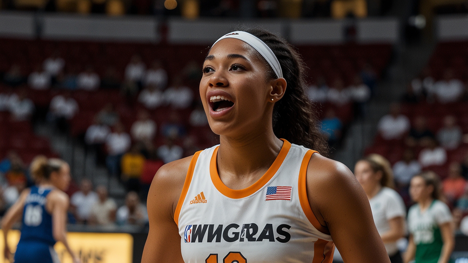 A'ja Wilson of the Las Vegas Aces dunks powerfully during the WNBA Playoffs Game 3 against the Seattle Storm, with the scoreboard showing a close 74-73 final in a brightly lit arena.