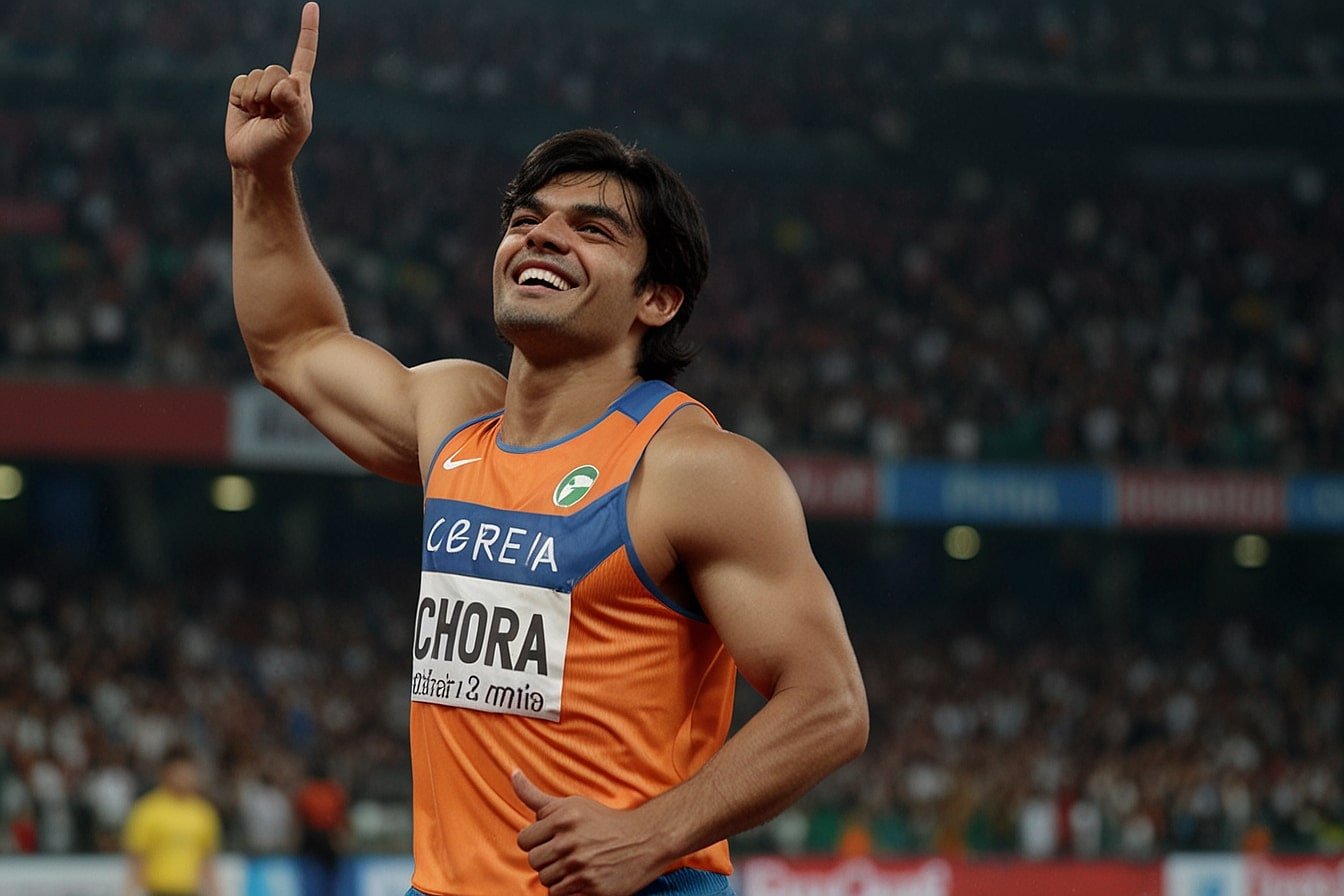Neeraj Chopra raises his arms in triumph after throwing 89.45 meters to win gold in the javelin final at the 2025 World Athletics Championships in Tokyo, with teammate Sachin Yadav joining the celebration.