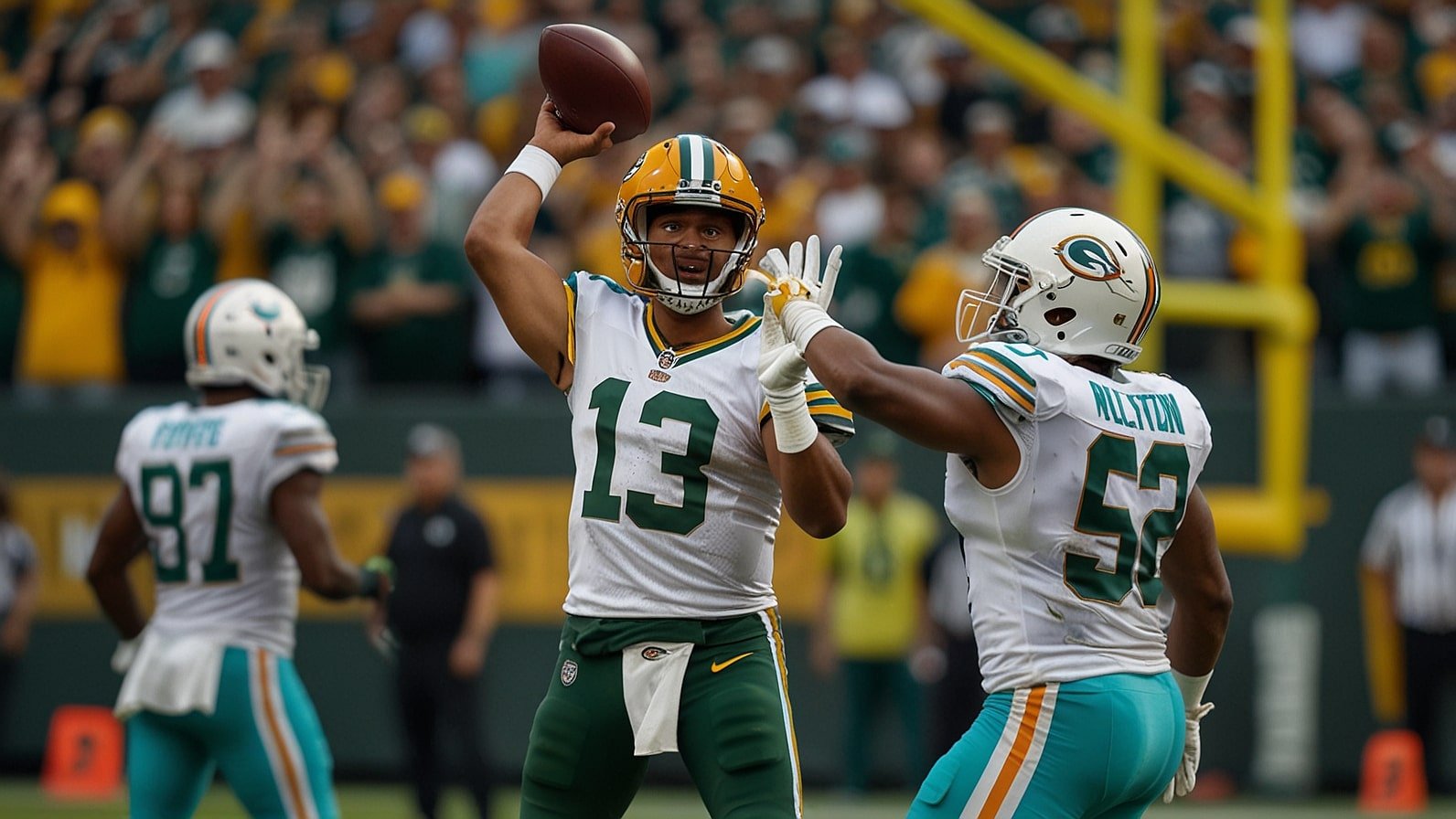 Green Bay Packers quarterback Jordan Love raises his arms in celebration after throwing a touchdown pass to Jayden Reed against the Miami Dolphins at Lambeau Field on September 21, 2025.