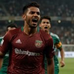 Mohun Bagan Super Giant's Liston Colaco raises his arms in celebration after scoring against Gokulam Kerala in the 2025 Hero Super Cup at Vivekananda Yuba Bharati Krirangan.