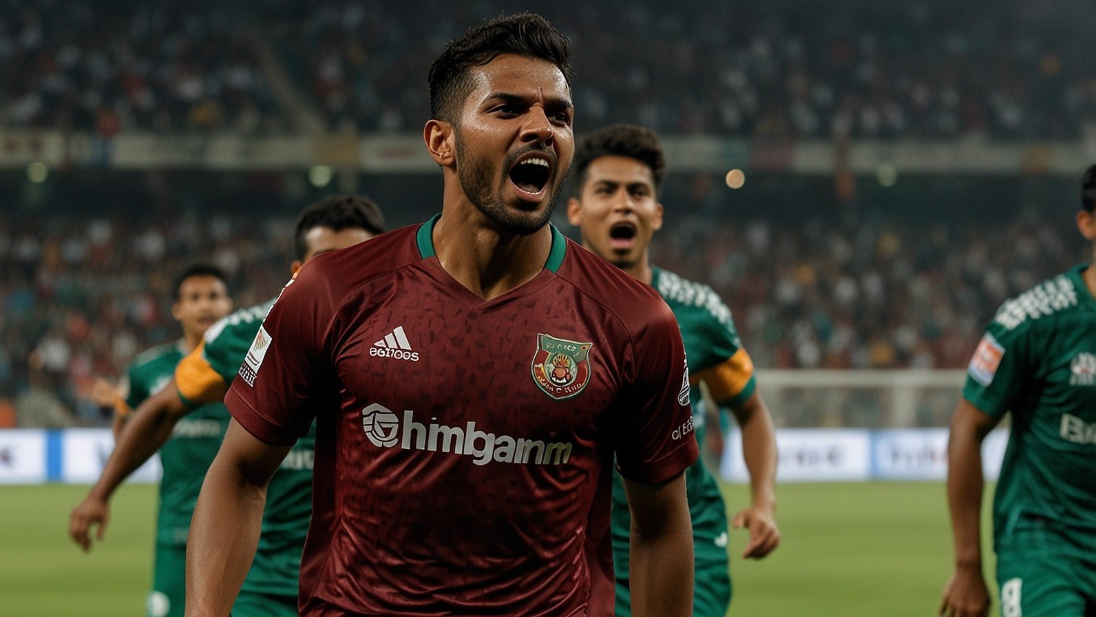 Mohun Bagan Super Giant's Liston Colaco raises his arms in celebration after scoring against Gokulam Kerala in the 2025 Hero Super Cup at Vivekananda Yuba Bharati Krirangan.