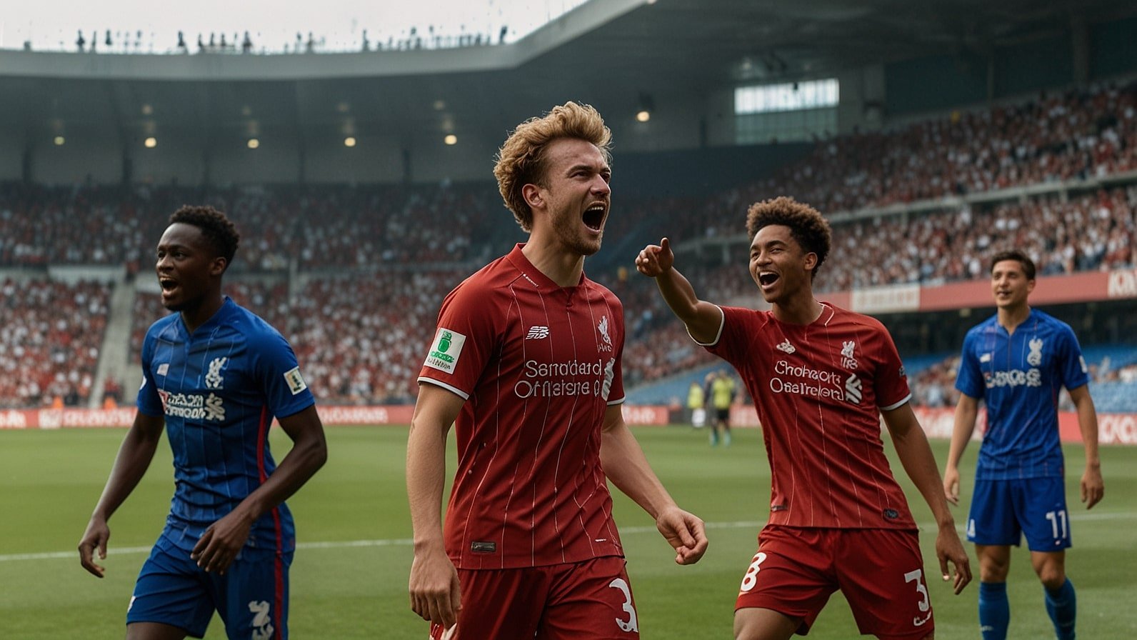 Liverpool players celebrate Florian Wirtz's equalizing goal against Yokohama F. Marinos during their 3-1 pre-season win at Nissan Stadium on July 30, 2025, with a vibrant crowd in the background.