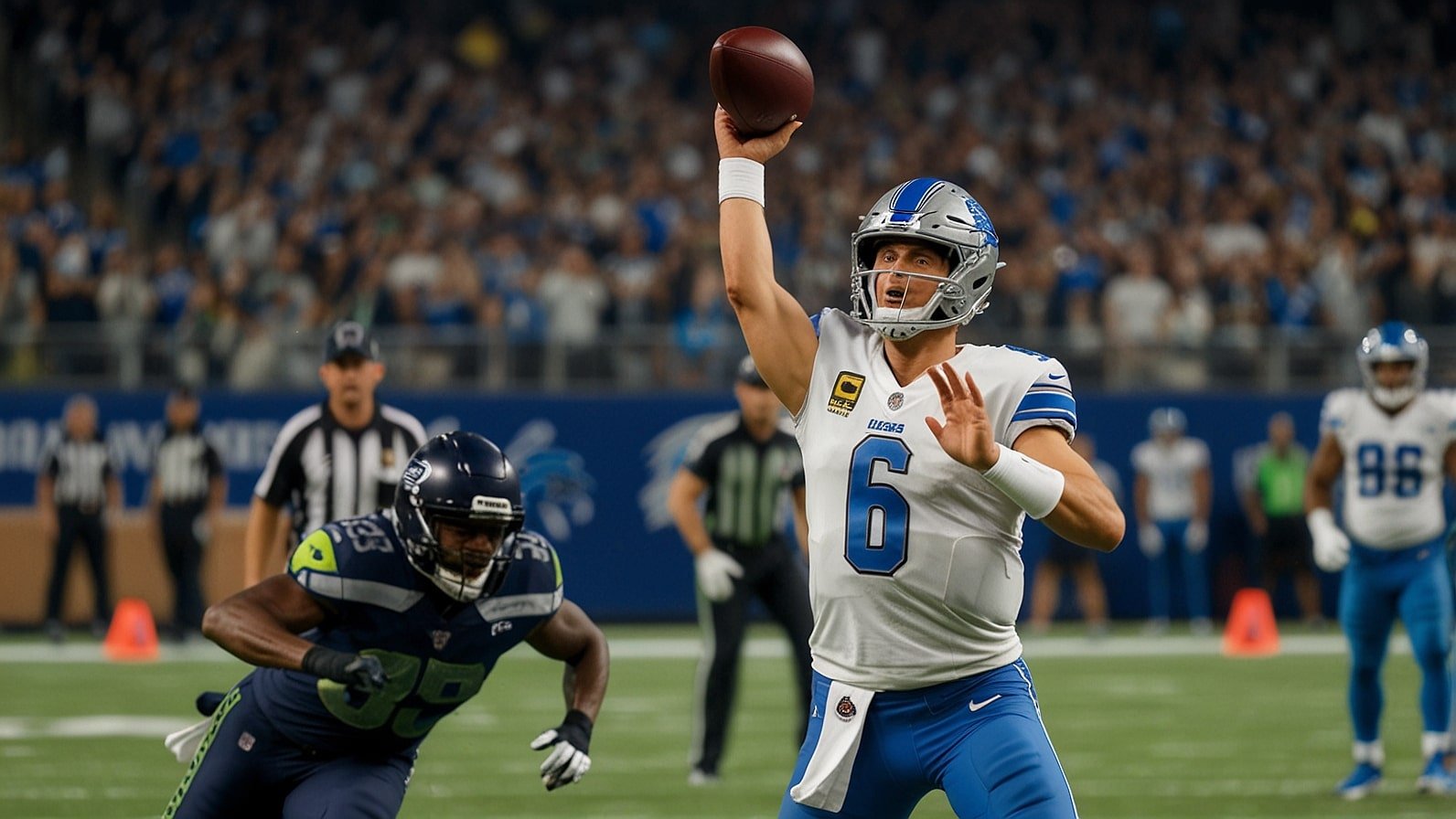 Detroit Lions quarterback Jared Goff throws a pinpoint touchdown pass during a 42-29 rout of the Seattle Seahawks at Ford Field on September 30, 2025.