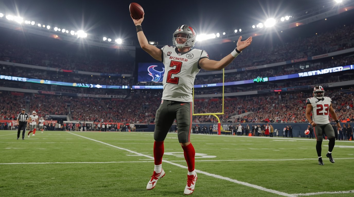 Tampa Bay Buccaneers quarterback Baker Mayfield celebrates with teammates after Rachaad White’s game-winning touchdown against the Houston Texans at NRG Stadium on September 20, 2025.