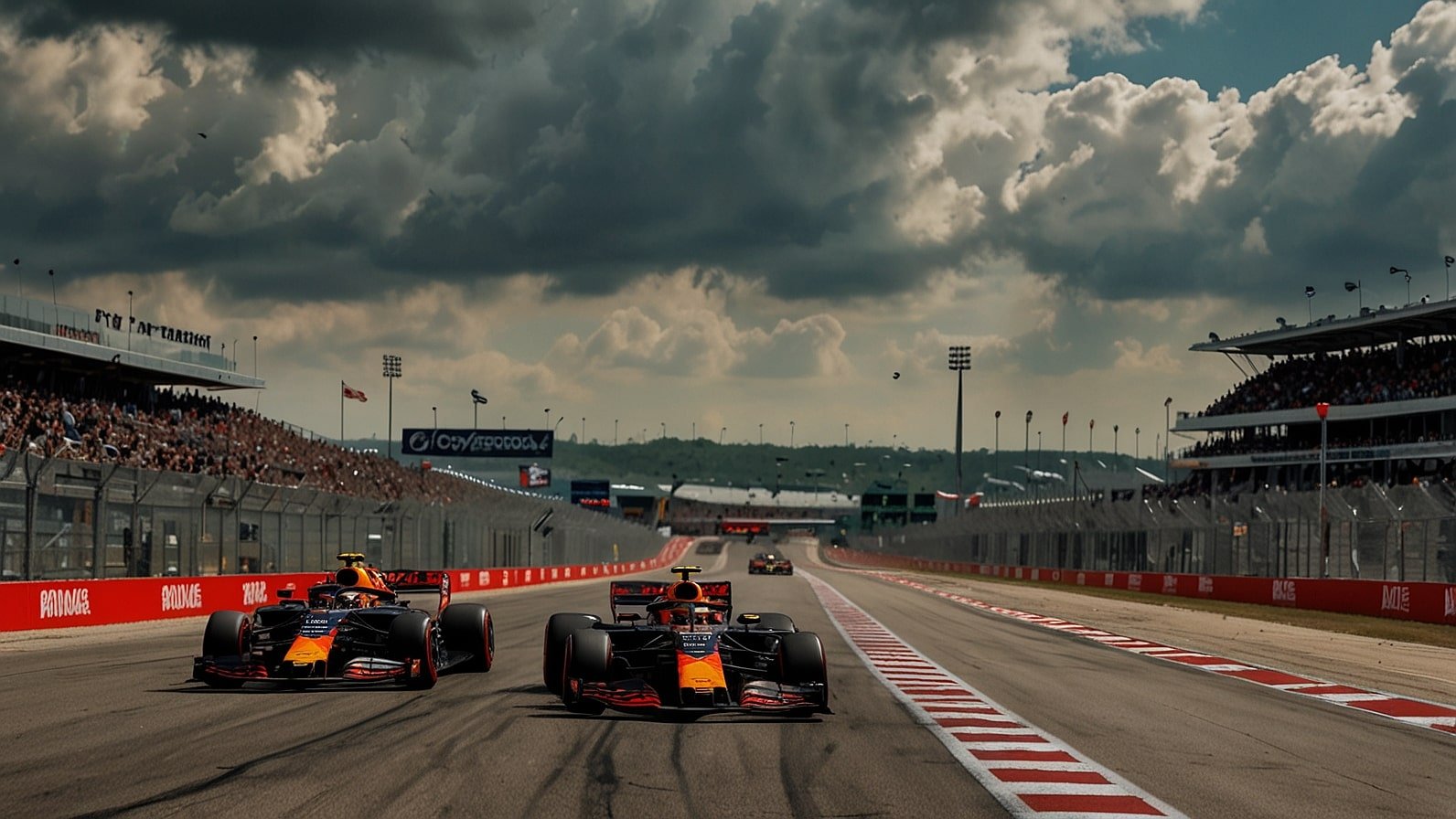A dynamic Formula 1 race scene at Circuit of the Americas, featuring two high-speed cars driven by Max Verstappen and Lando Norris racing up the iconic 20-degree climb out of Turn 1, with a packed stadium crowd and a dramatic Texas sky in the background.
