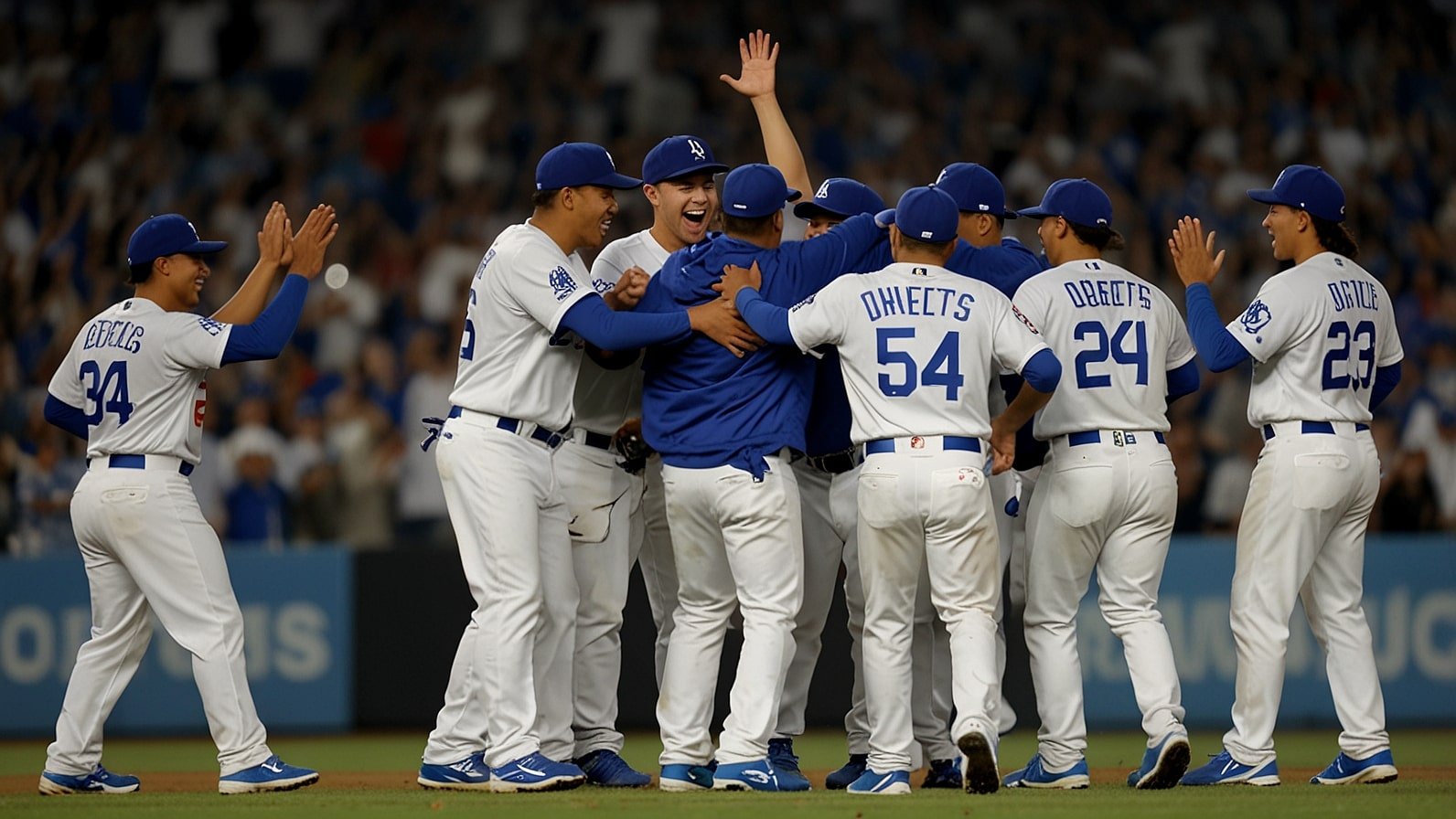 Los Angeles Dodgers players, including Mookie Betts and Shohei Ohtani, celebrate on the field at Dodger Stadium after a 4-3 victory against the Toronto Blue Jays in Game 3 of the 2025 World Series.