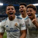 Real Madrid players, including Kylian Mbappé and Jude Bellingham, celebrate on the pitch at Santiago Bernabéu Stadium after a 2-1 win against Barcelona in the 2025-26 La Liga El Clásico.