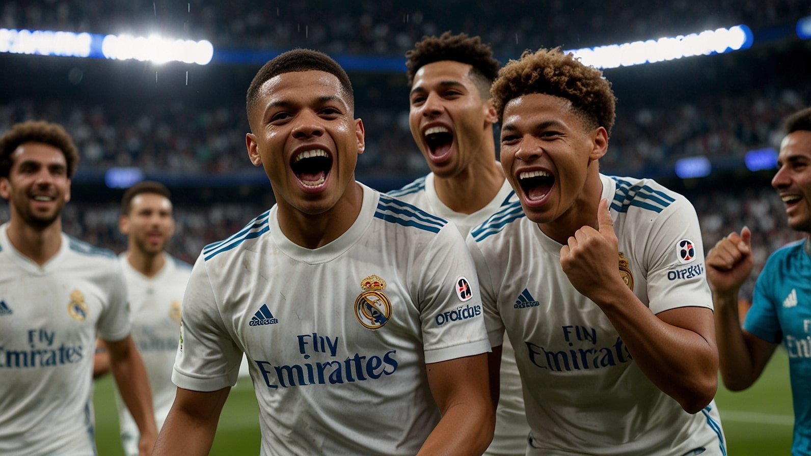Real Madrid players, including Kylian Mbappé and Jude Bellingham, celebrate on the pitch at Santiago Bernabéu Stadium after a 2-1 win against Barcelona in the 2025-26 La Liga El Clásico.
