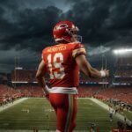 An intense NFL game scene featuring Patrick Mahomes of the Kansas City Chiefs throwing a pass while Lamar Jackson of the Baltimore Ravens rushes forward, with a packed Arrowhead Stadium crowd and dramatic lighting under a cloudy sky.