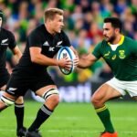 An intense rugby match featuring players from the All Blacks and Springboks, with one All Black in a black uniform tackling a Springbok in a green and gold uniform holding the ball, set against a vibrant stadium crowd.