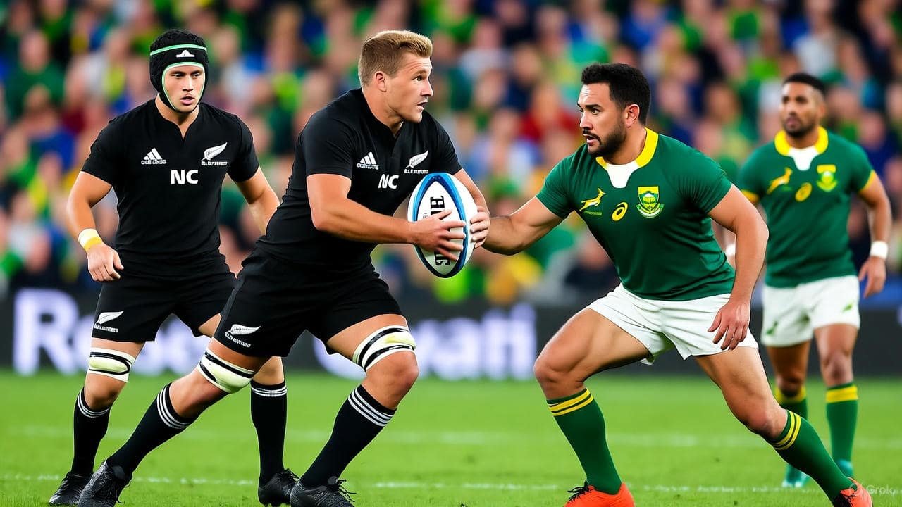 An intense rugby match featuring players from the All Blacks and Springboks, with one All Black in a black uniform tackling a Springbok in a green and gold uniform holding the ball, set against a vibrant stadium crowd.