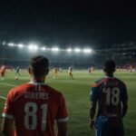 Dejected football players in home kits watching opponents celebrate a goal in the background during a night match at a packed stadium.