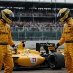 The two drivers from the underdog team celebrating in front of their yellow cars in the parc ferme area after a shocking qualifying session.