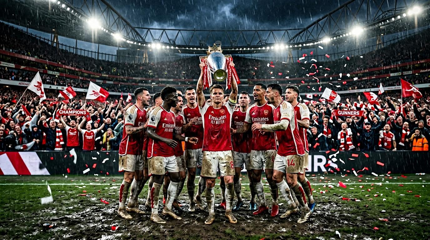 Arsenal players hold trophy celebrating championship victory in stadium