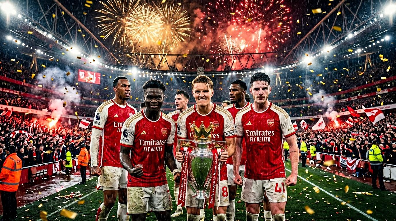 Arsenal players celebrate with Premier League trophy amid fireworks