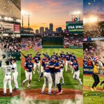 Three teams celebrating championship victories on baseball fields with crowds